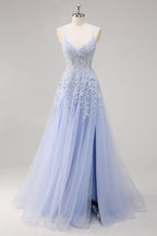 A Line Spaghetti Straps Tulle Beaded Long Prom Dress with Slit