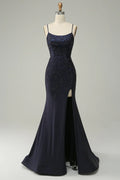 Spaghetti Straps Beaded Mermaid Prom Dress with Split