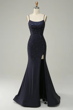 Spaghetti Straps Beaded Mermaid Prom Dress with Split