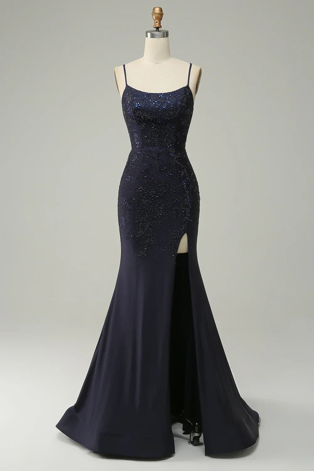 Spaghetti Straps Beaded Mermaid Prom Dress with Split