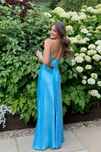 V-neck Beaded Back Tie A-line Long Dress