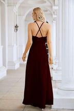 Ladies Chiffon Spaghetti Strap V Neck Front Slit Floor Length Bridesmaid Evening Dress Prom Party Wedding Evening Dress 28116