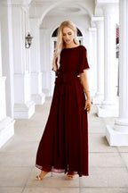Ladies Chiffon Sleeve Crew Neck Front Slit Floor Length Bridesmaid Evening Dress Wedding Party Evening Dress 28124