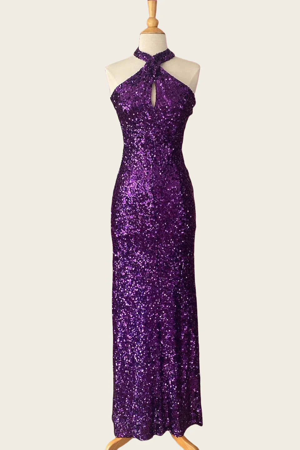 Halter Purple Sequin Open Back Sheath Long Dress