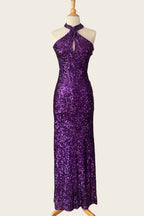 Halter Purple Sequin Open Back Sheath Long Dress