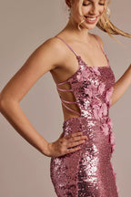 Sequin Square Neck Sheath with 3D Flowers
