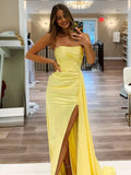 Mermaid Strapless Satin Long Prom Dresses With Split