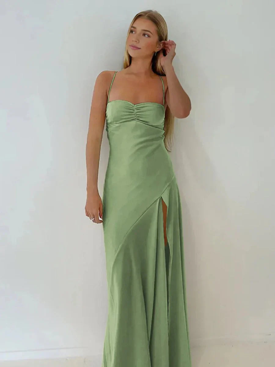 Spaghetti Straps Sheath Long Prom Dresses With Split