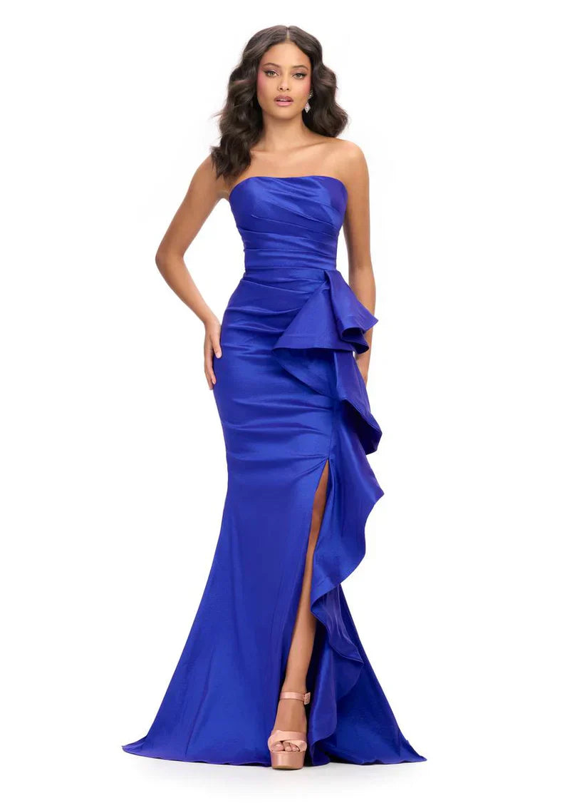 Elegant fitted pleated small train slit strapless evening dress with side ruffles