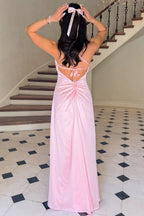 A Line Spaghetti Straps Pink Long Prom Dress with Backless
