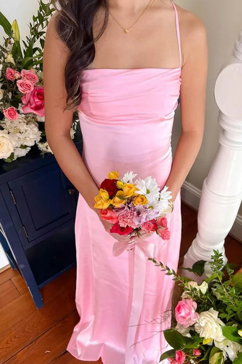 A Line Spaghetti Straps Pink Long Prom Dress with Backless
