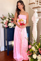 A Line Spaghetti Straps Pink Long Prom Dress with Backless