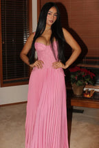 A Line Spaghetti Straps Pink Corset Prom Dress with Ruffles