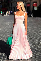 A Line Spaghetti Straps Pink Long Prom Dress with Ruffles