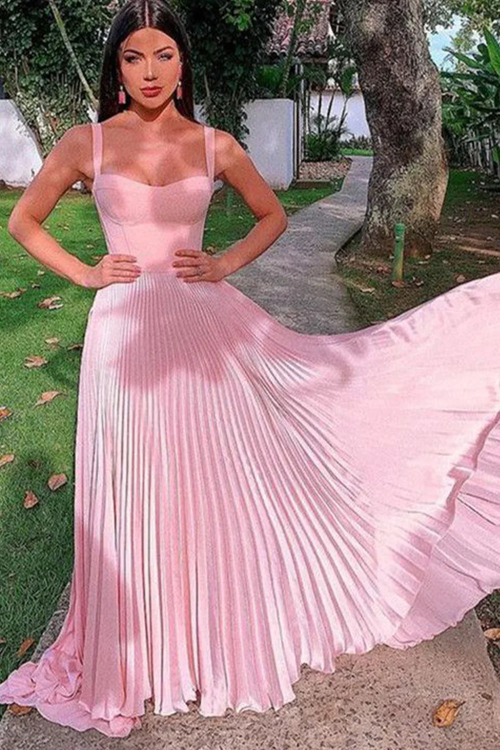 A Line Spaghetti Straps Pink Long Prom Dress with Ruffles