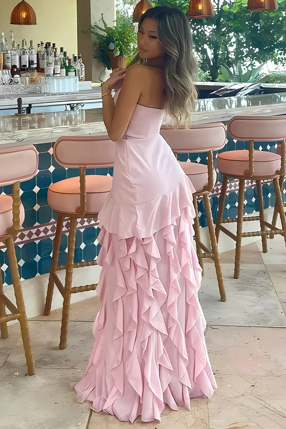 Sheath Strapless Long Prom Dress with Ruffles