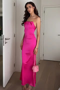 Sheath Spaghetti Straps Fuchsia Long Party Dress with Open Back