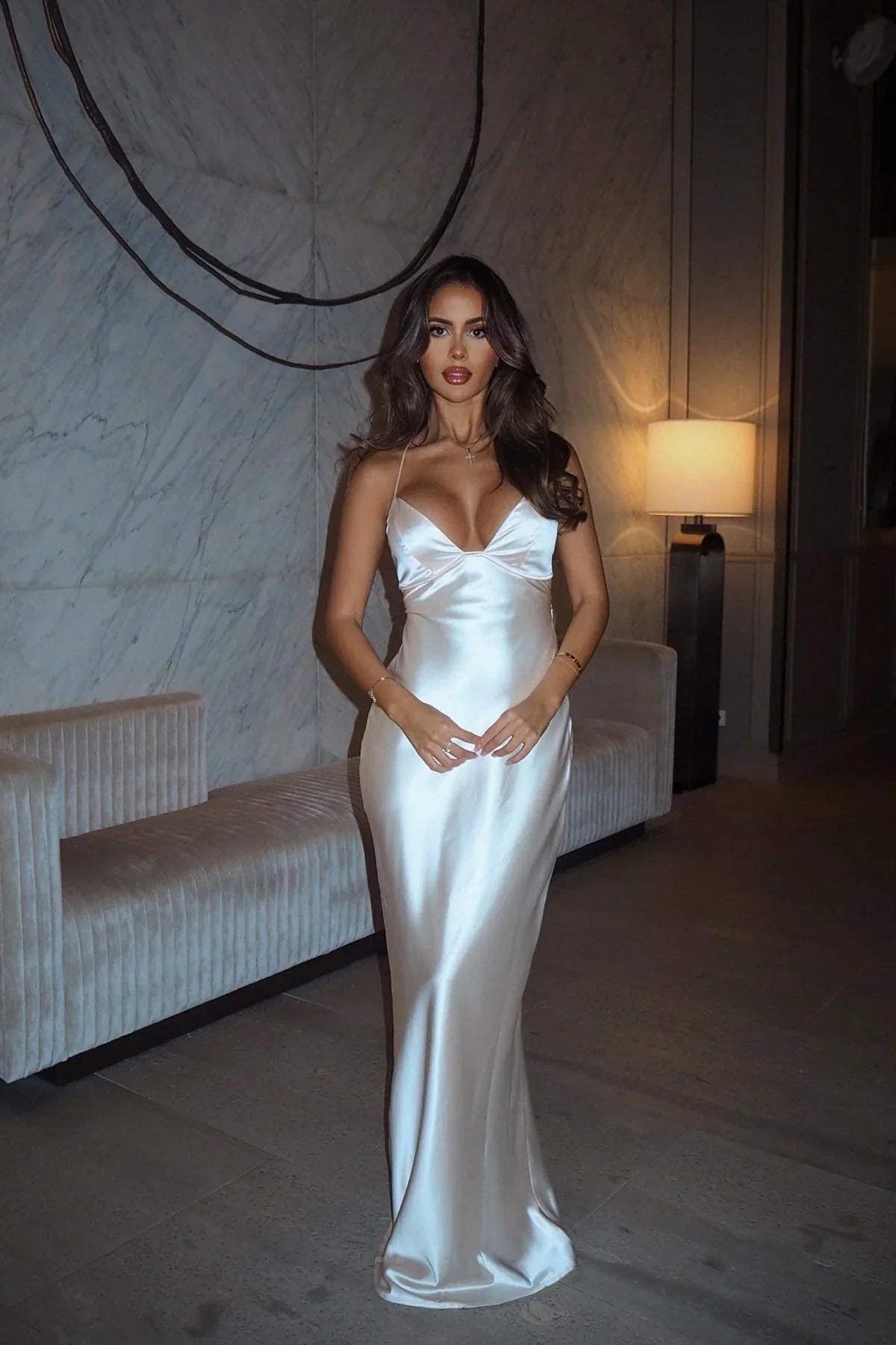 Simple Sheath Spaghetti Straps White Long Party Dress with Criss Cross Back