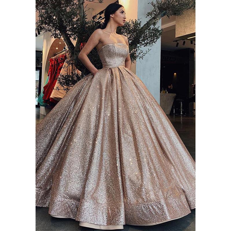 Strapless Gold Tulle Sparkly Prom Ball Gown