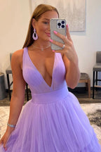 Purple Deep V-Neck Tiered Prom Dress