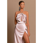 Unique Halter Pleated Side Slit Long Pink Prom Formal Evening Dress