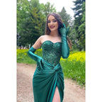 Sweetheart Strapless Beaded Ruched Satin Sheath Long Prom Evening Dress