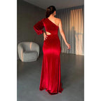 Sheath/column Burgundy One Shoulder Velvet Long Prom Evening Dress