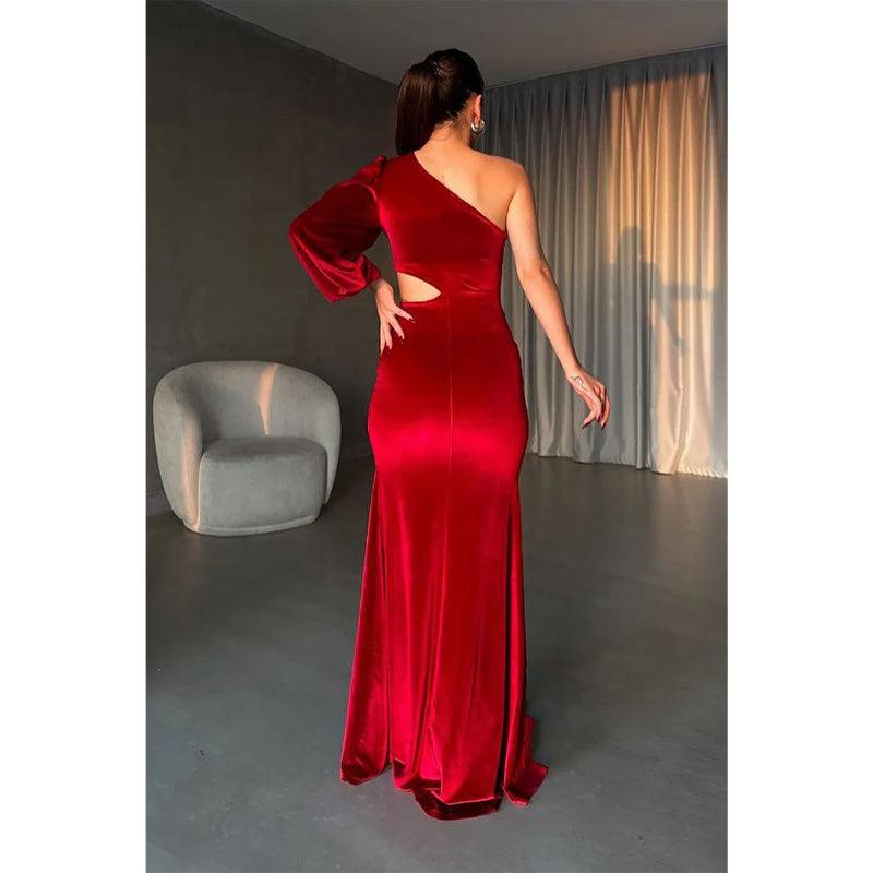 Sheath/column Burgundy One Shoulder Velvet Long Prom Evening Dress