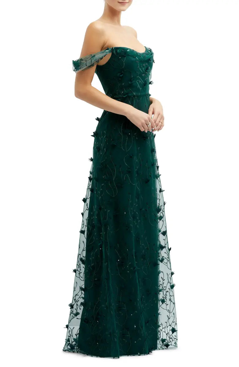 3D Embroidered Off the Shoulder Gown