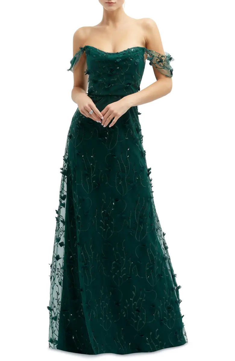 3D Embroidered Off the Shoulder Gown