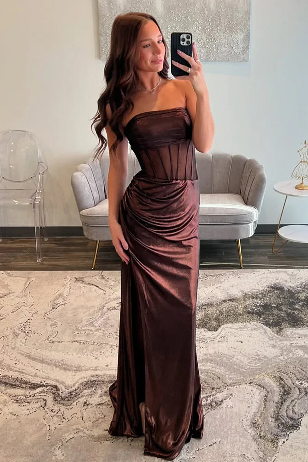 Mermaid Strapless Long Metallic Prom Dress with Leg Slit