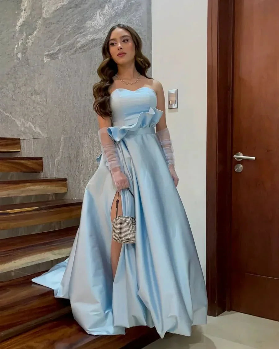 A Line Sweetheart Light Blue Long Prom Dress with Split Front