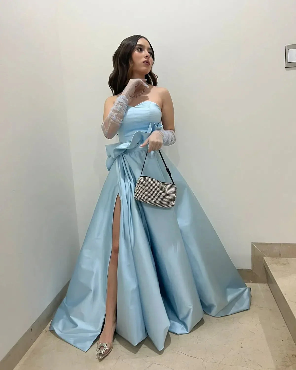A Line Sweetheart Light Blue Long Prom Dress with Split Front