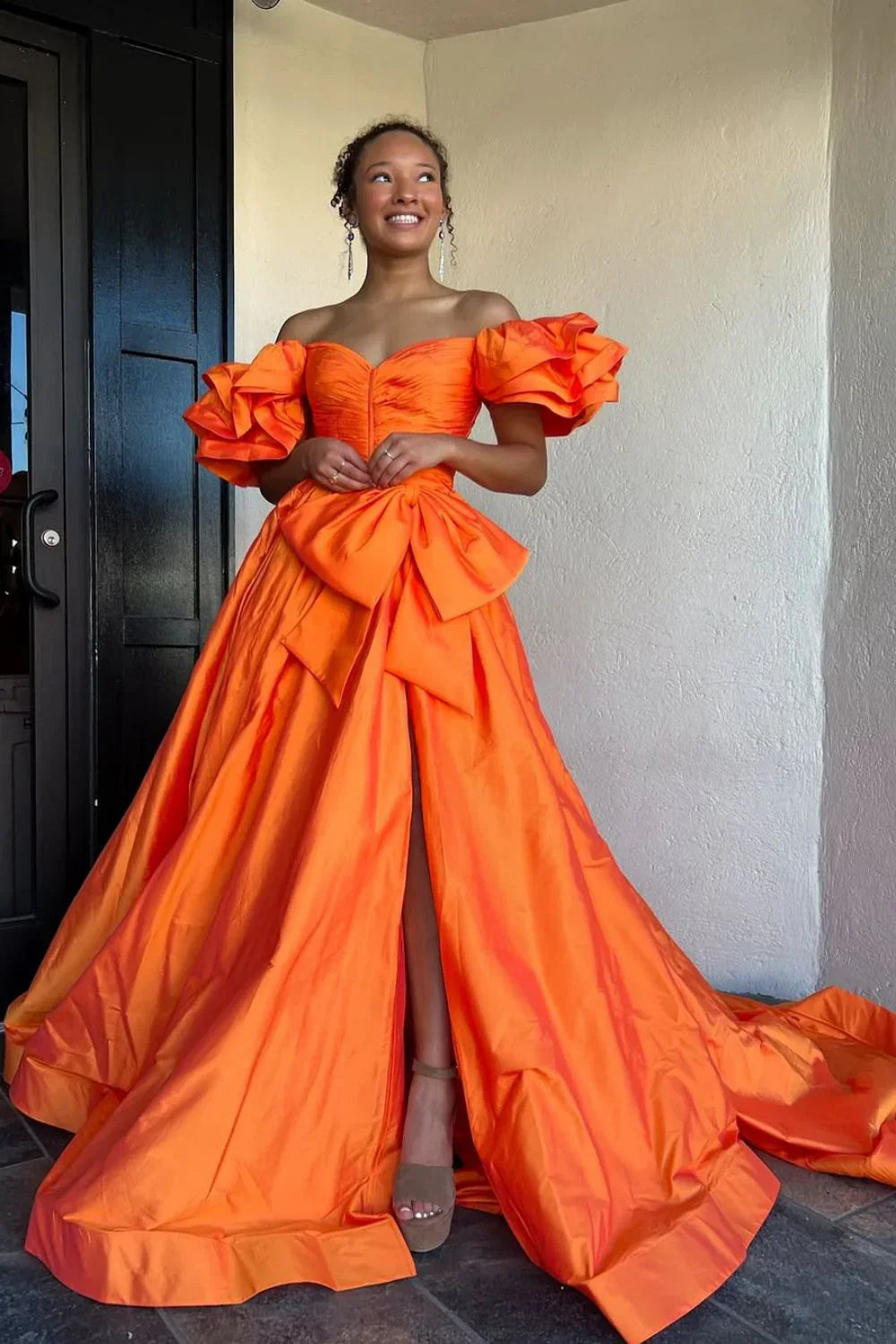 A-Line Off The Shoulder Long Satin Prom Dress