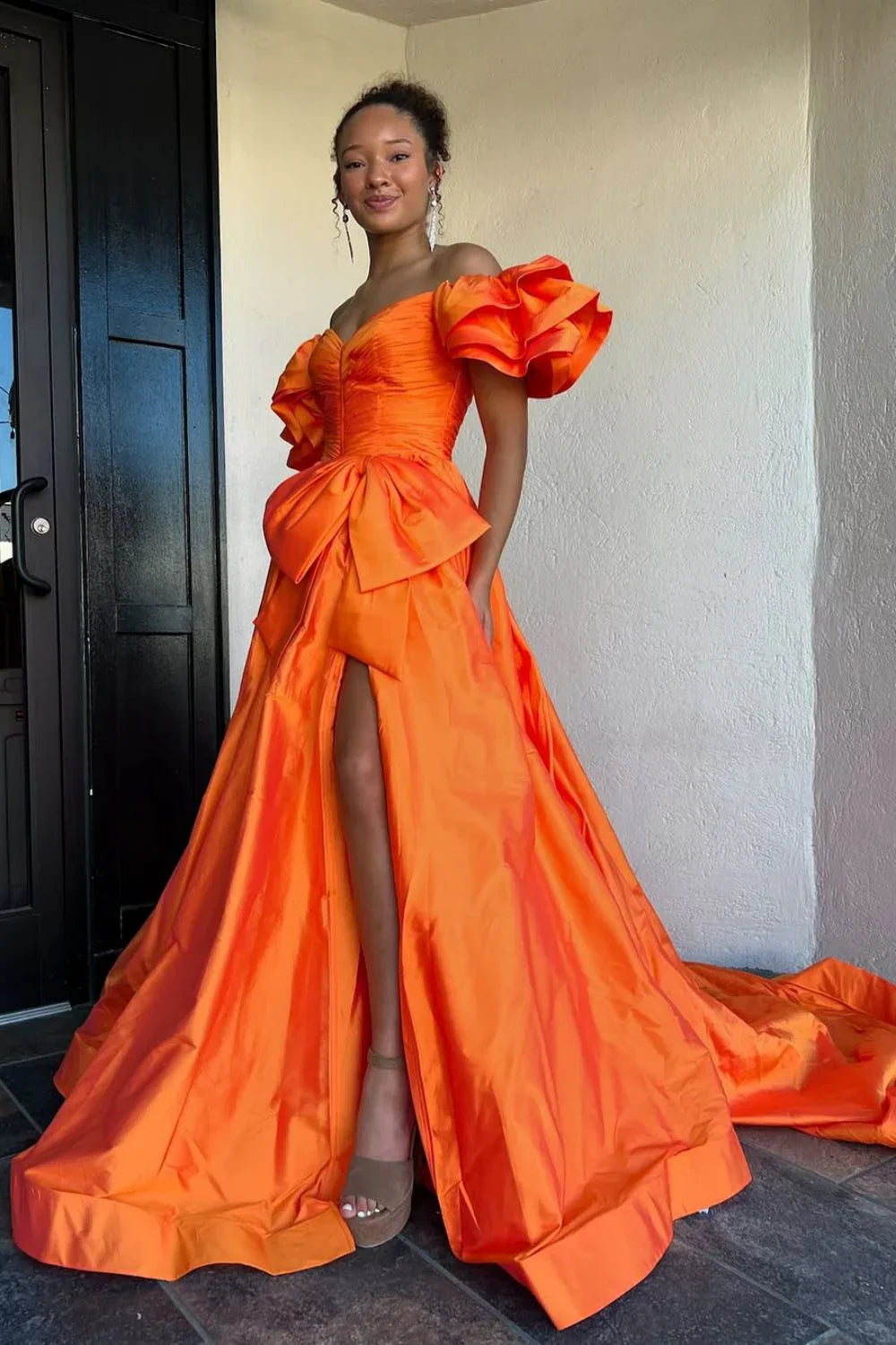 A-Line Off The Shoulder Long Satin Prom Dress