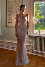 Bling Sheath Spaghetti Straps Silver Sequins Long Party Dress