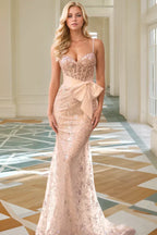 Mermaid Sweetheart Neck Spaghetti Straps Fully Sequins Lace Appliques Prom Party Dress Bow Knot Back Zipper Evening Formal Gown