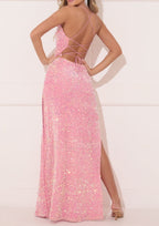 Pink Sequin Spaghetti Straps Sleeveless Floor-Length Lace Up Party Dance Evening Dress