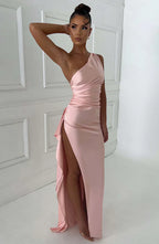 Sexy Soft Satin One Shoulder Sleeveless Side Slit Mermaid Maxi Prom Dress With Ruffle