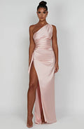 Sexy Soft Satin One Shoulder Sleeveless Side Slit Mermaid Maxi Prom Dress With Ruffle