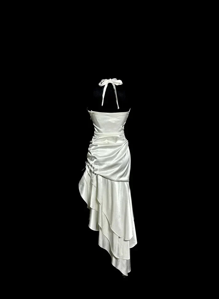 Mermaid Halter Satin High Low Evening Dress Prom Dresses