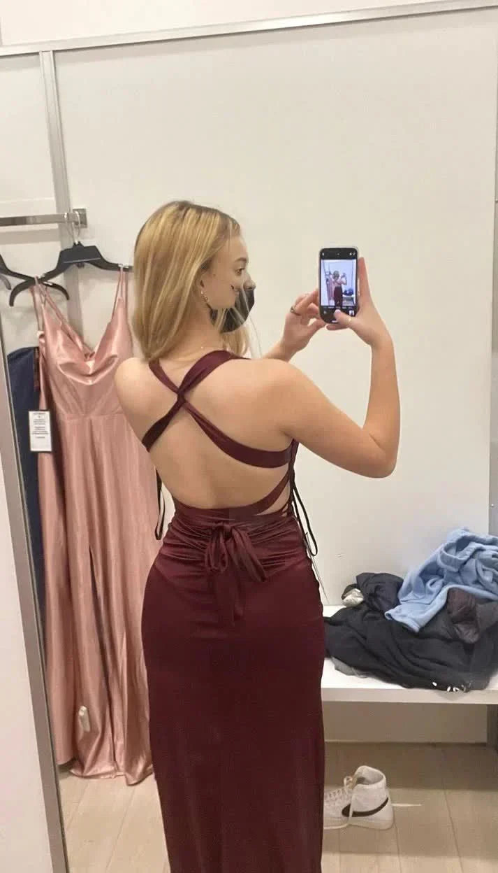 Sheath Halter V Neckline Burgundy Satin Slit Party Dress Long Prom Dresses