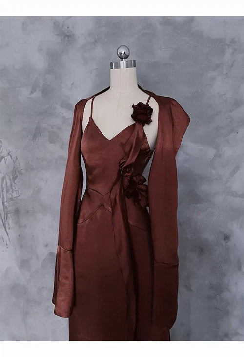 A line Spaghetti Straps Burgundy Floral Long Prom Dresses Birthday Dress