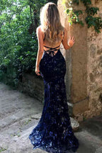 Navy Blue Mermaid Tulle and Sequins Long Formal Prom Dress with V neckline and Lace up back