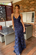 Navy Blue Mermaid Tulle and Sequins Long Formal Prom Dress with V neckline and Lace up back