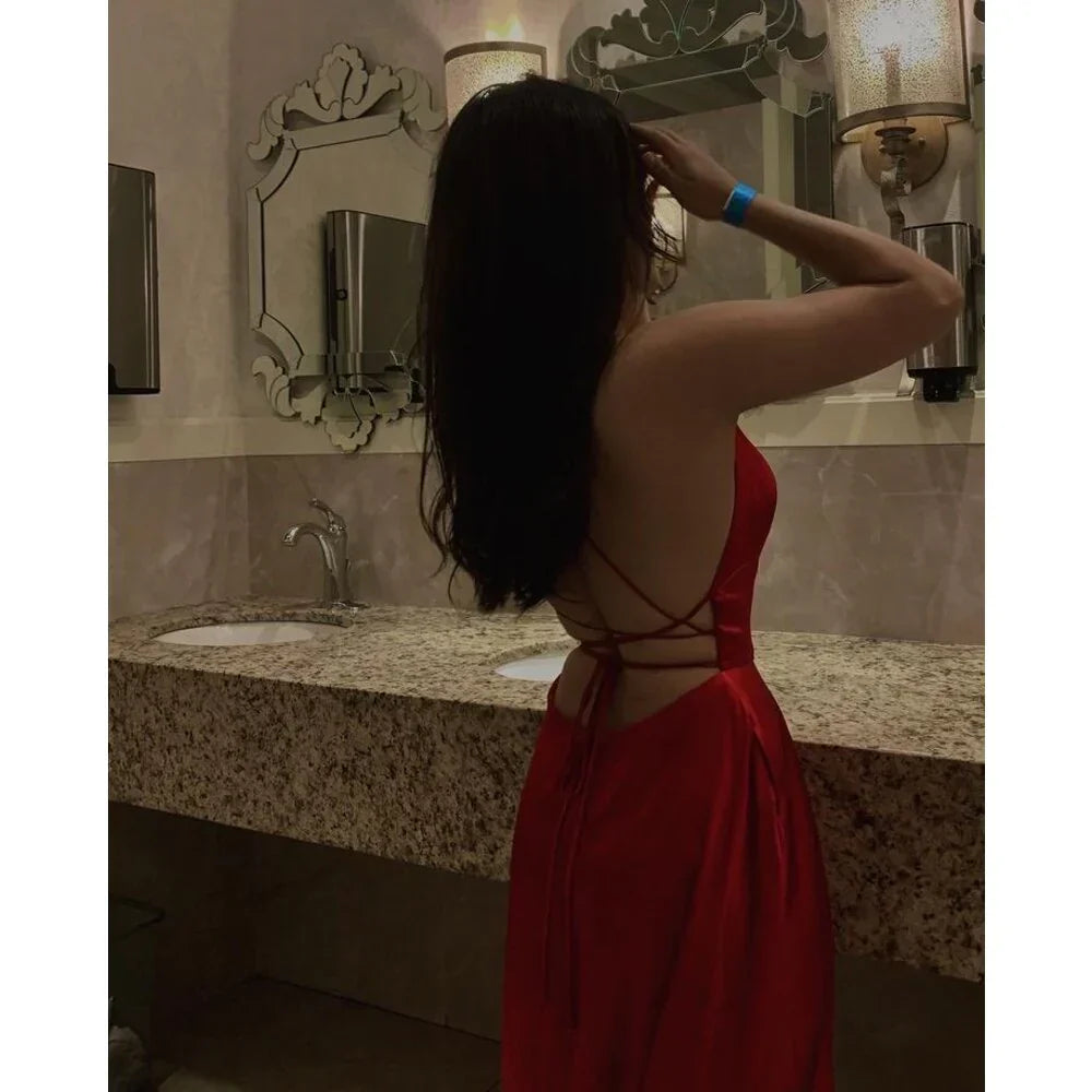Simple Spaghetti Strap Long Prom Dress with Slit Open Back