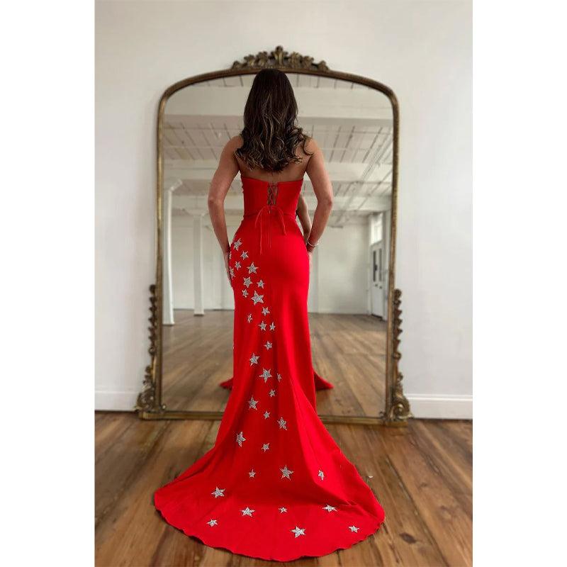 Sheath Strapless Beads Side Split Red Long Prom Dress