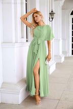 Ladies Chiffon Sleeve Crew Neck Front Slit Floor Length Bridesmaid Evening Dress Wedding Party Evening Dress 28124