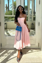 Blushing Spaghetti Straps A-Line Tea-Length Formal Dresses