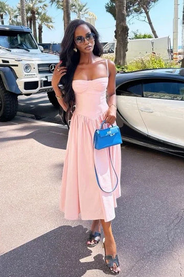 Blushing Spaghetti Straps A-Line Tea-Length Formal Dresses